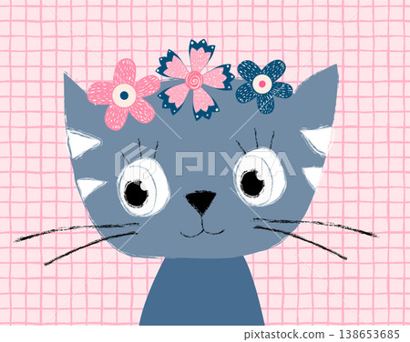 Cute hand painted blue vector cat with flower wreath, kawaii animal girly graphic design for greeting cards and apparel Cute hand painted blue vector cat with flower wreath, kawaii animal girly graphic design for greeting cards and apparel 138653685