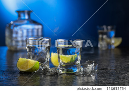 Vodka with lime slices on a black stone table. Vodka with lime slices on a black stone table. 138653764