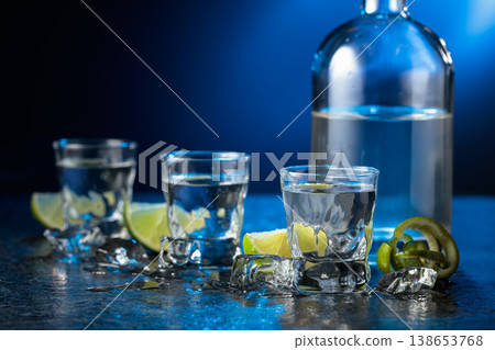 Vodka with lime slices on a black stone table. 138653768