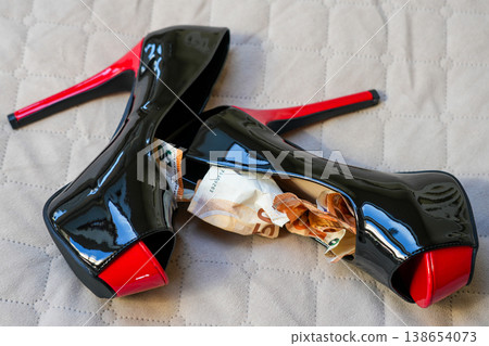 Sexy black red open toe platform high heels with euro cash inside luxury fashion concept shoes Sexy black red open toe platform high heels with euro cash inside luxury fashion concept shoes 138654073