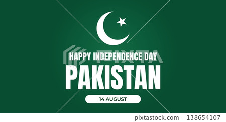 Pakistan Independence Day horizontal banner template with bold typography, crescent and star on green background. Patriotic national holiday design in flat style. Vector illustration 138654107