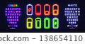 Neon alphabet and battery charge icons glowing in vibrant colors. Bright electric style letters, numbers and energy indicators on dark transparent background. 138654110