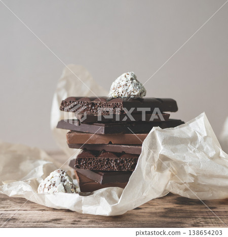 Stack of various chocolate bars including aerated dark and milk chocolate paired with gourmet truffles on parchment paper Stack of various chocolate bars including aerated dark and milk chocolate paired with gourmet truffles on parchment paper 138654203
