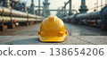 Yellow hard hat rests on concrete at industrial plant 138654206