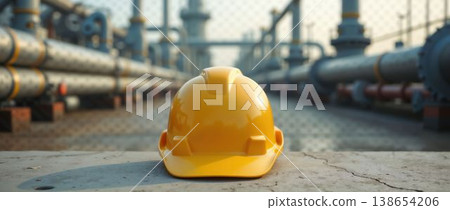 Yellow hard hat rests on concrete at industrial plant Yellow hard hat rests on concrete at industrial plant 138654206