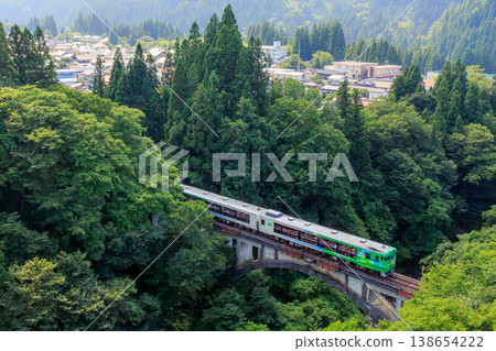 夏季,一列特殊的只見線列車駛過大谷川大橋,周圍綠樹成蔭。 夏季,一列特殊的只見線列車駛過大谷川大橋,周圍綠樹成蔭。 138654222