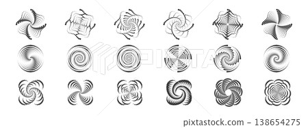 Abstract circular pattern with radial halftone dots creating dynamic motion effect. Modern geometric design with concentric rings and gradient texture for logos and backgrounds. 138654275