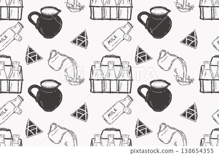 Milk bottles in crate carrier with glass containers sketch drawing 138654355