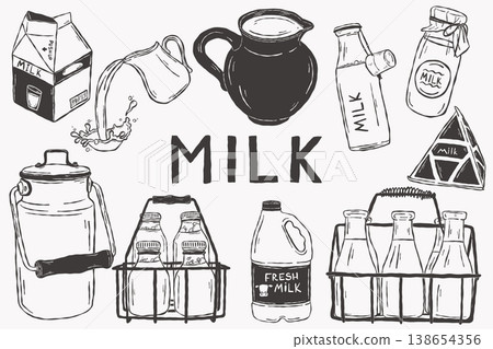 Milk dairy collection with bottles jars cartons and farm packaging 138654356