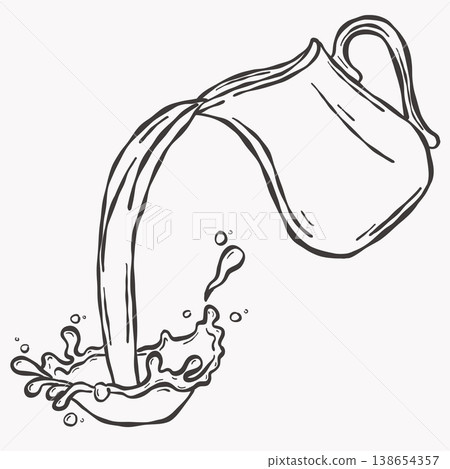 Milk pouring from jug with splash and flowing liquid sketch drawing Milk pouring from jug with splash and flowing liquid sketch drawing 138654357