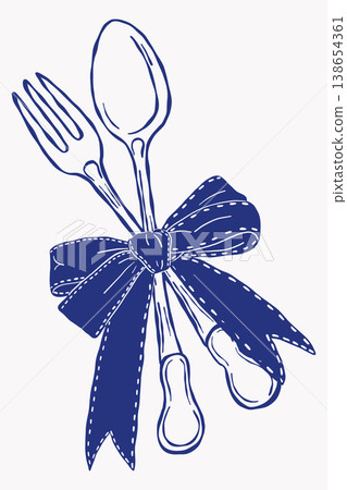 Decorative spoon and fork with ribbon bow festive kitchen element Decorative spoon and fork with ribbon bow festive kitchen element 138654361