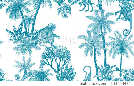 Toile de Jouy seamless pattern with original tropical plants palms and animals. Monkey and apes in Toile de Jouy seamless pattern with original tropical plants palms and animals. Monkey and apes in 138654425