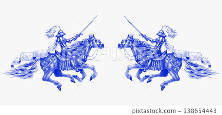 Medieval armoured knight horseback with a sword facing towards. Barded horse jumping in full armour 138654443