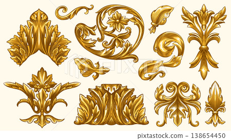 Vintage Baroque or renaissance hand drawn Victorian set of ornament floral elements engraved retro 138654450