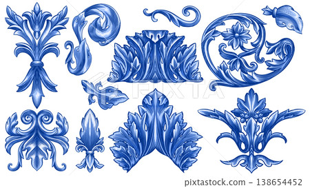 Vintage Baroque or renaissance hand drawn Victorian set of ornament floral elements engraved retro 138654452