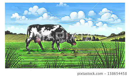 A cow on a Rustic meadow hand drawn village landscape illustration with fields. Beautiful scentic 138654458