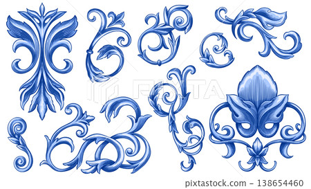 Vintage Baroque or renaissance hand drawn Victorian set of ornament floral elements engraved retro Vintage Baroque or renaissance hand drawn Victorian set of ornament floral elements engraved retro 138654460