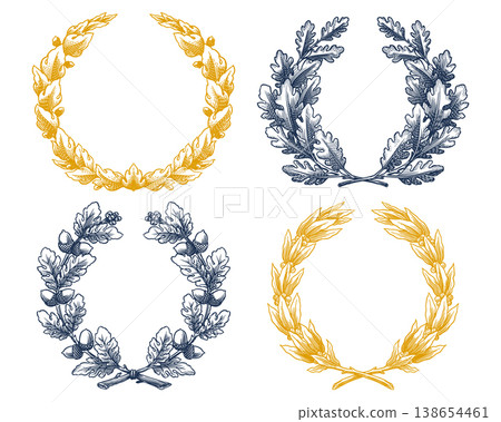 Vintage oak and laurel wreath in engraving style. Decorative element for award or emblems with 138654461