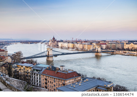 panorama view at the parliament with Danube river in Budapest 138654474