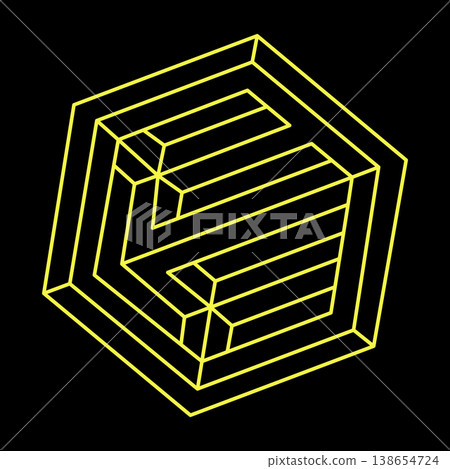 Impossible hexagon. Line design. Impossible shapes. Optical illusion objects. Optical art. Geometric figures. Impossible hexagon. Line design. Impossible shapes. Optical illusion objects. Optical art. Geometric figures. 138654724