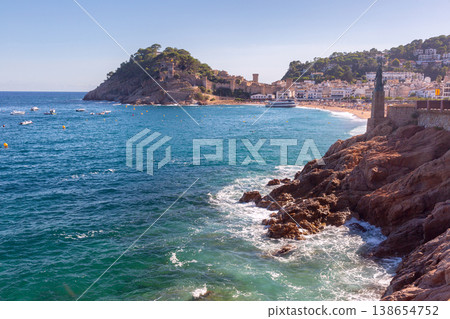 Tossa de Mar bay with medieval walls and rocky coast, Spain 138654752