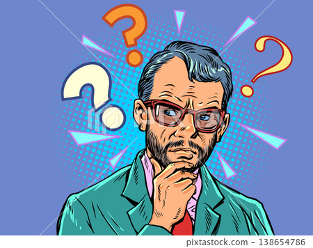 Pop Art Retro Thinking and solving business and scientific problems. Question marks next to a thinking man. Thinking about a future strategy. Pop Art Retro Thinking and solving business and scientific problems. Question marks next to a thinking man. Thinking about a future strategy. 138654786