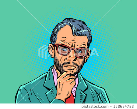 Pop Art Retro Thinking and solving business problems. Businessman thinking with hand on chin. Help from a specialist in solving complex problems. Pop Art Retro Thinking and solving business problems. Businessman thinking with hand on chin. Help from a specialist in solving complex problems. 138654788
