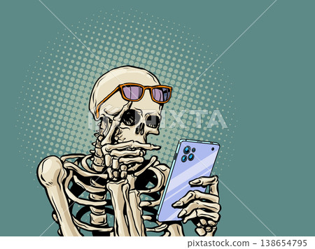 Pop Art Retro Skeleton with glasses using phone. Influence of social networks and media. Halloween invitation funny. Pop Art Retro Skeleton with glasses using phone. Influence of social networks and media. Halloween invitation funny. 138654795