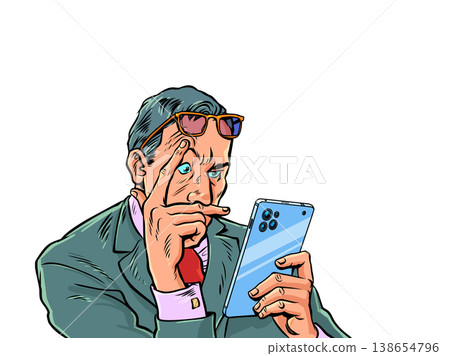 Pop Art Retro A man in a suit reads his phone in surprise. Sudden variables affecting business. An analyst tries to build a plan. 138654796