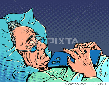Pop Art Retro An elderly man sleeps with a phone. Communication and connection with adult relatives. Online data security on a mobile phone. 138654801
