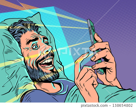 Pop Art Retro A man in bed staring at his phone. Technology and internet addiction. Special offers and promotions for customers. 138654802