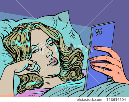 Pop Art Retro A woman in bed staring at her phone. Technology and internet addiction. Special offers and promotions for clients. 138654804