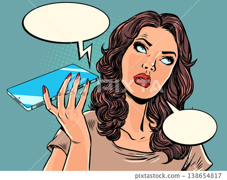 Pop Art Retro A disgruntled woman talking on the phone. Scam calls. Protecting personal data on your mobile phone. Pop Art Retro A disgruntled woman talking on the phone. Scam calls. Protecting personal data on your mobile phone. 138654817