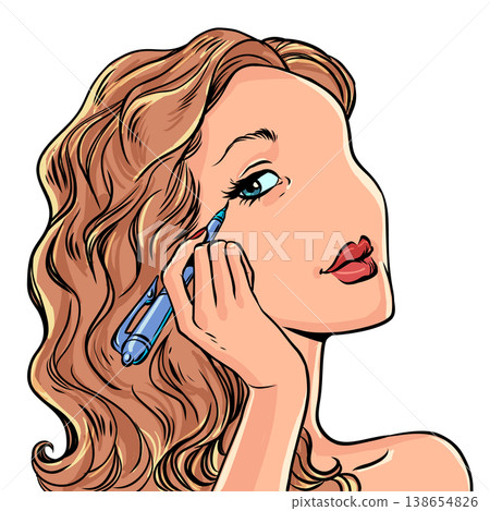 Pop Art Retro A woman paints her eyes. Beauty care products. Creating your own look. Pop Art Retro A woman paints her eyes. Beauty care products. Creating your own look. 138654826