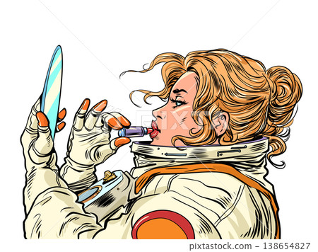 Pop Art Retro Astronaut woman with lipstick. Universal global beauty. Space discounts at beauty salons. 138654827