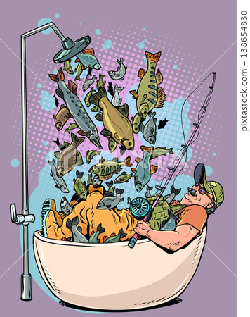 Pop Art Retro A fisherman in a bathtub. A variety of fish. A seafood restaurant. Pop Art Retro A fisherman in a bathtub. A variety of fish. A seafood restaurant. 138654830