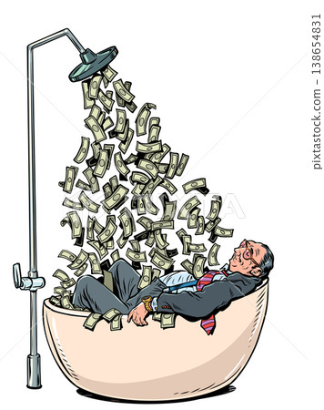 Pop Art Retro A wealthy businessman in a bathtub. Money pouring down from above. Success for his business and company. 138654831