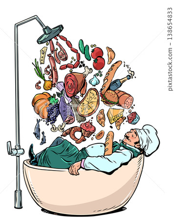 Pop Art Retro A chef in the bath. A wide range of cuisines and dishes. Restaurant and professional chef. 138654833