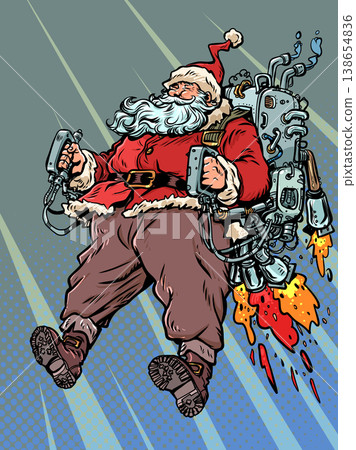 Pop Art Retro Santa Claus flies on his backpack. New Year and Christmas are approaching with Santa Claus. Discounts on New Year's holidays and gifts. Pop Art Retro Santa Claus flies on his backpack. New Year and Christmas are approaching with Santa Claus. Discounts on New Year's holidays and gifts. 138654836