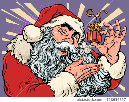 Pop Art Retro Santa Claus showing off a gift. New Year and Christmas are approaching with Santa Claus. Discounts on New Year's holidays and gifts. 138654837