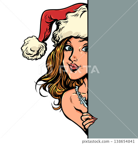 Pop Art Retro A girl dressed as Santa Claus. New Year's discounts and gifts. Creating a surprise for the winter holidays. 138654841
