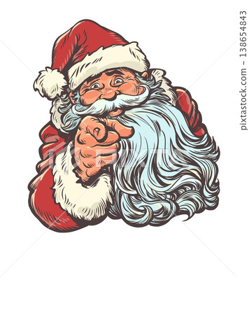 Pop Art Retro Santa Claus points. Santa Claus is happy about the coming New Year. Special offers for customers during the holidays. 138654843
