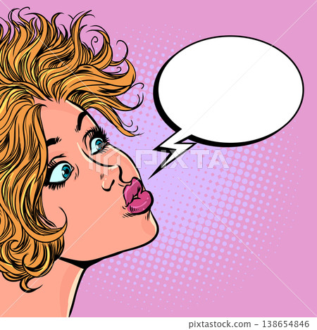Pop Art Retro A surprised woman speaks into a speech bubble. Message for business clients. Answering a question. Pop Art Retro A surprised woman speaks into a speech bubble. Message for business clients. Answering a question. 138654846