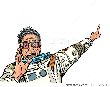 Pop Art Retro An astronaut points. A message about incredible discounts. An announcement for customers. Pop Art Retro An astronaut points. A message about incredible discounts. An announcement for customers. 138654851