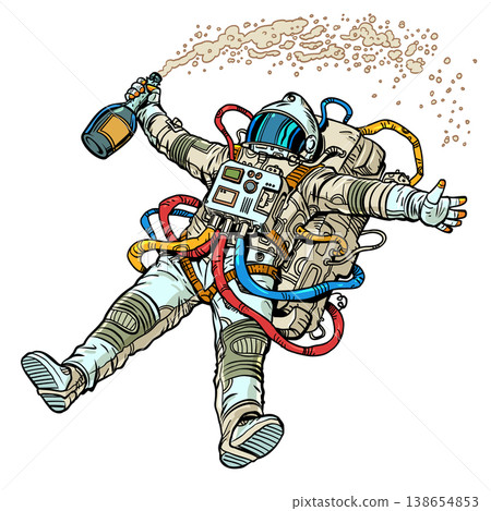 Pop Art Retro Opening a bottle of champagne. Astronaut celebrating a fun holiday. International holiday festival. Pop Art Retro Opening a bottle of champagne. Astronaut celebrating a fun holiday. International holiday festival. 138654853