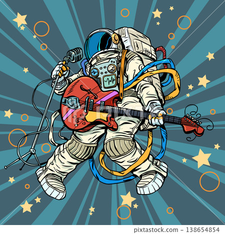 Pop Art Retro An astronaut sings with a guitar. Music service for businesses. A global music hit. Pop Art Retro An astronaut sings with a guitar. Music service for businesses. A global music hit. 138654854