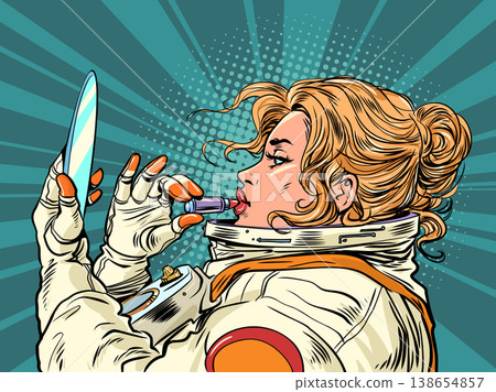 Pop Art Retro Astronaut woman with lipstick. Universal global beauty. Space discounts at beauty salons. Pop Art Retro Astronaut woman with lipstick. Universal global beauty. Space discounts at beauty salons. 138654857