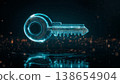 A glowing key icon indicates permission, releasing particles of light at night. 138654904