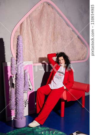 Stylish woman in bold outfit against textured artistic backdrop Stylish woman in bold outfit against textured artistic backdrop 138654985
