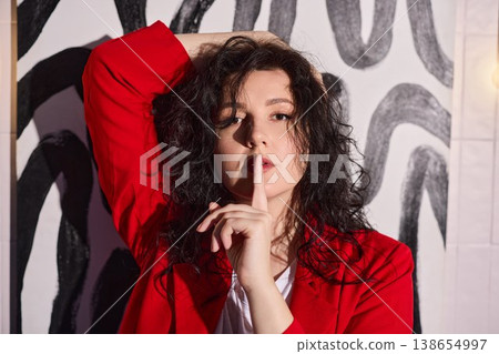 Caucasian woman relaxed in red jacket horizontal portrait 138654997